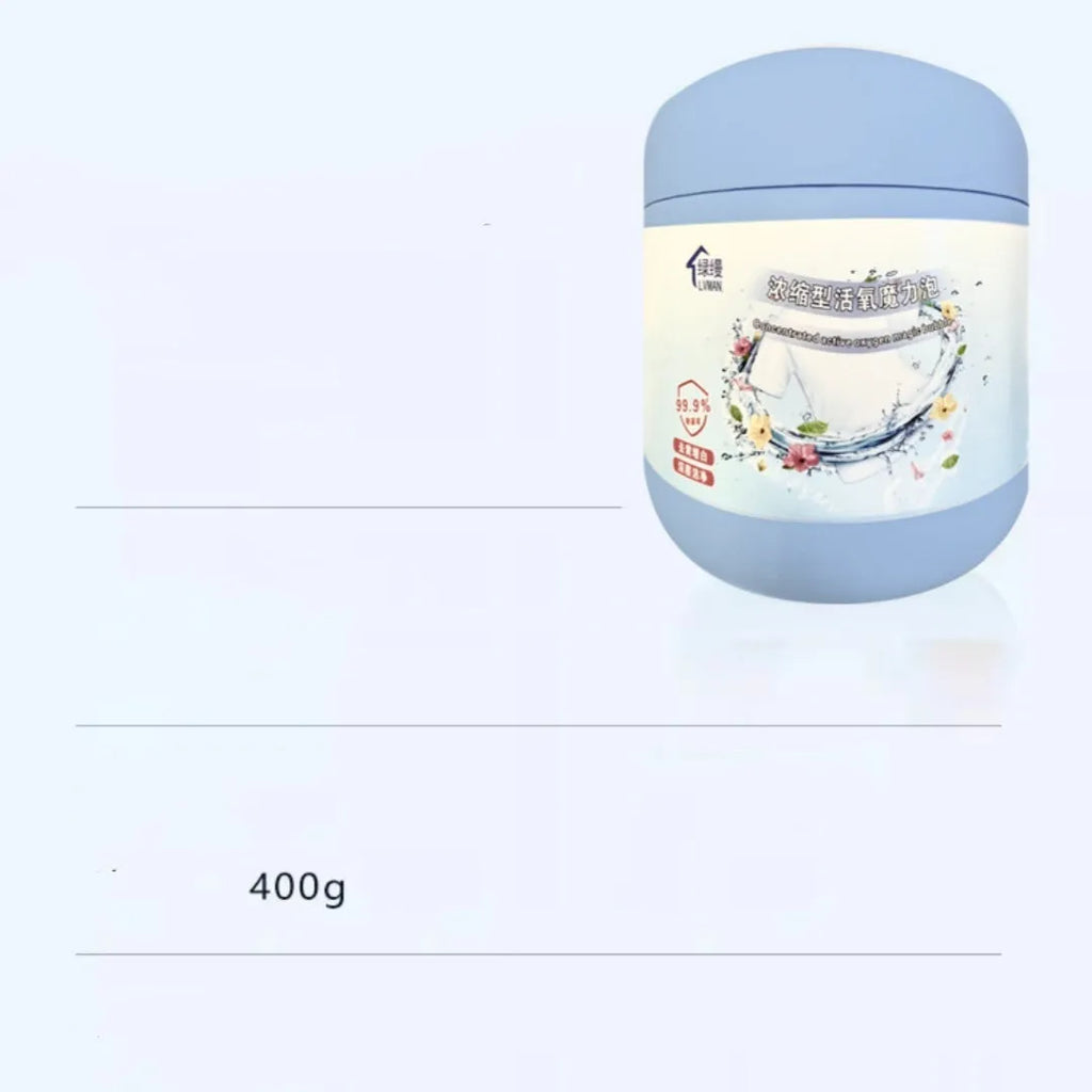 Bottle of Strong Decontamination Salt Fizzer Active Oxygen Bleaching Powder, 400g net content, for laundry stain removal.