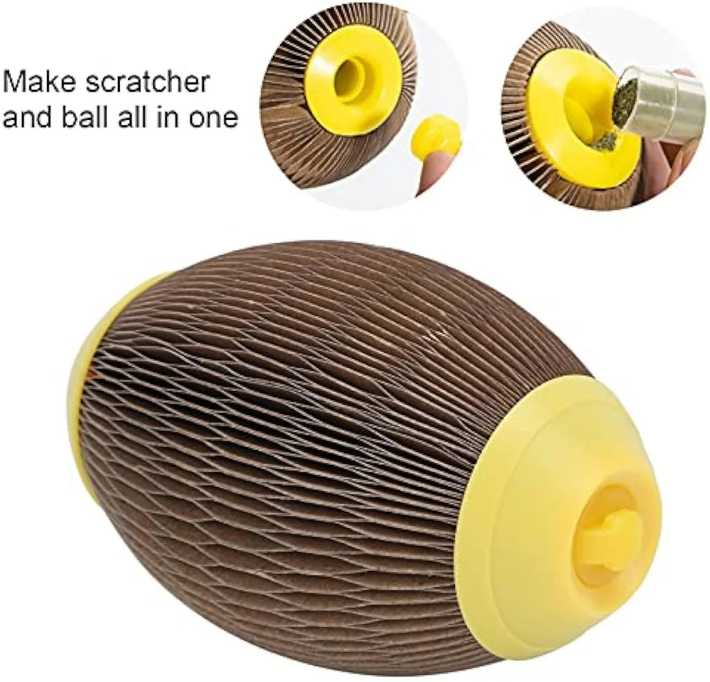 Elliptical catnip ball toy made from brown recycled corrugated paper for scratching and play.