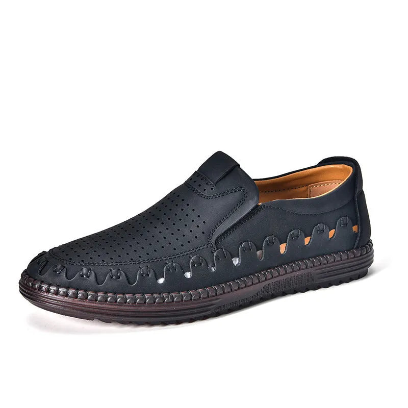 Men's brown slip-on casual shoes with round toe, flat heel, and visible sewing line details.