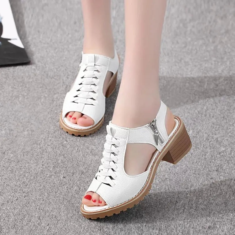 Women's black retro sandals with side zipper and beef tendon sole