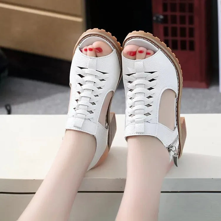 Women's black retro sandals with side zipper and beef tendon sole