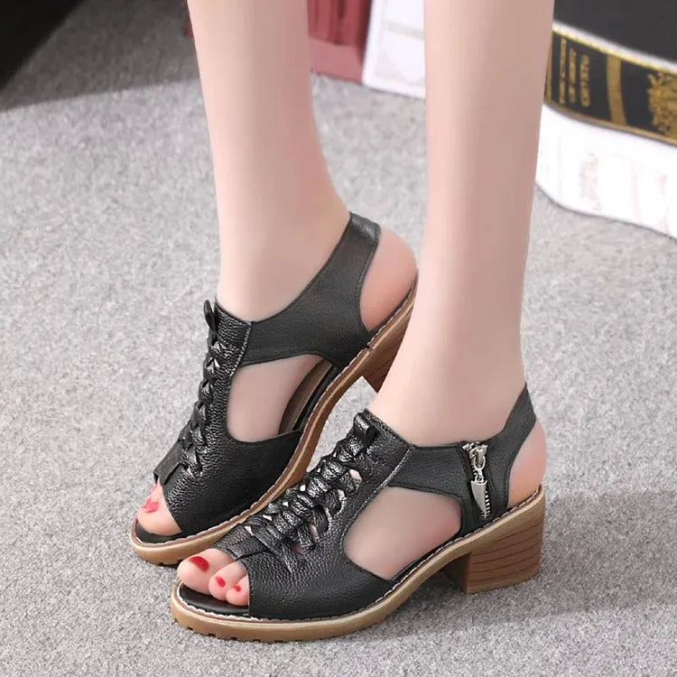 Women's black retro sandals with side zipper and beef tendon sole