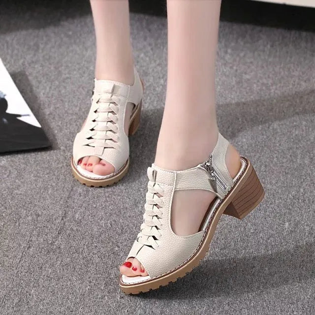 Women's black retro sandals with side zipper and beef tendon sole