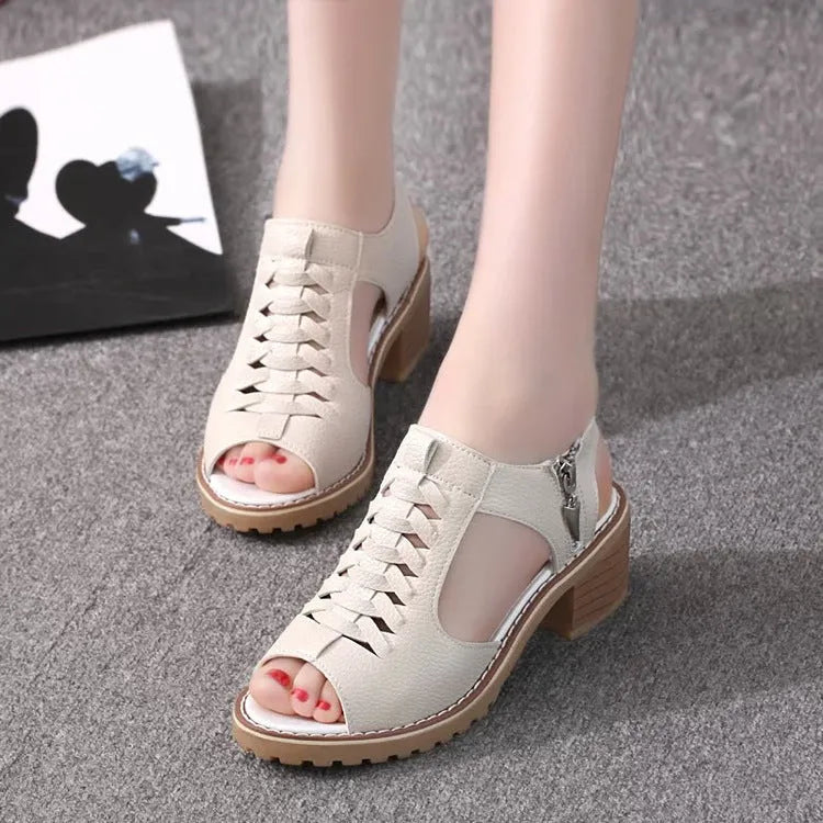 Women's black retro sandals with side zipper and beef tendon sole