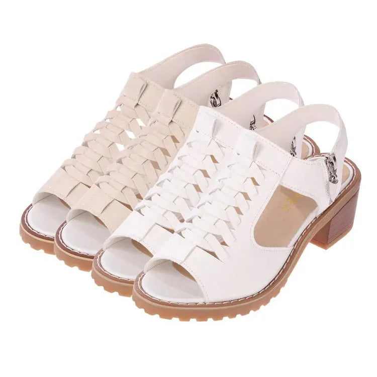 Women's black retro sandals with side zipper and beef tendon sole