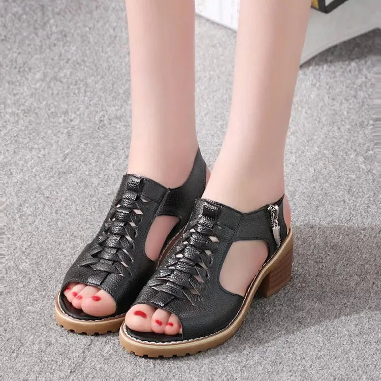 Women's black retro sandals with side zipper and beef tendon sole