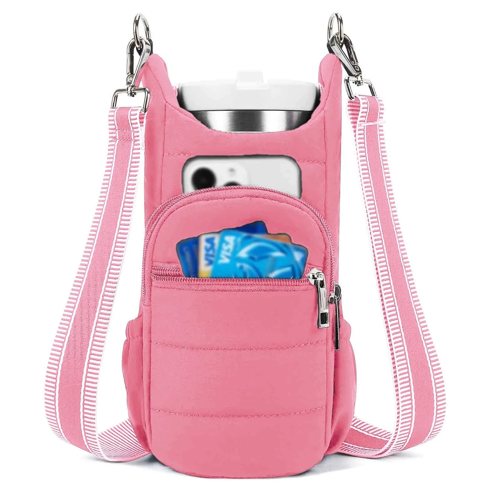 Water bottle kettle bag designed for bicycle mounting in black, pink, or beige cloth construction
