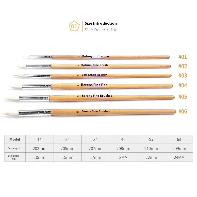 Six wooden pen brushes for wool crafting with fine-pointed bristles