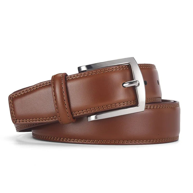 Men's genuine leather pin buckle belt in brown, showing the alloy buckle and belt length.