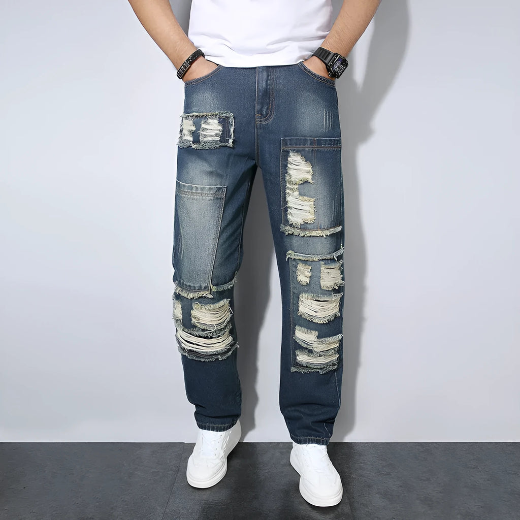 Men's straight wrinkle-resistant loose casual cotton jeans in blue colour, mid waist zip fly
