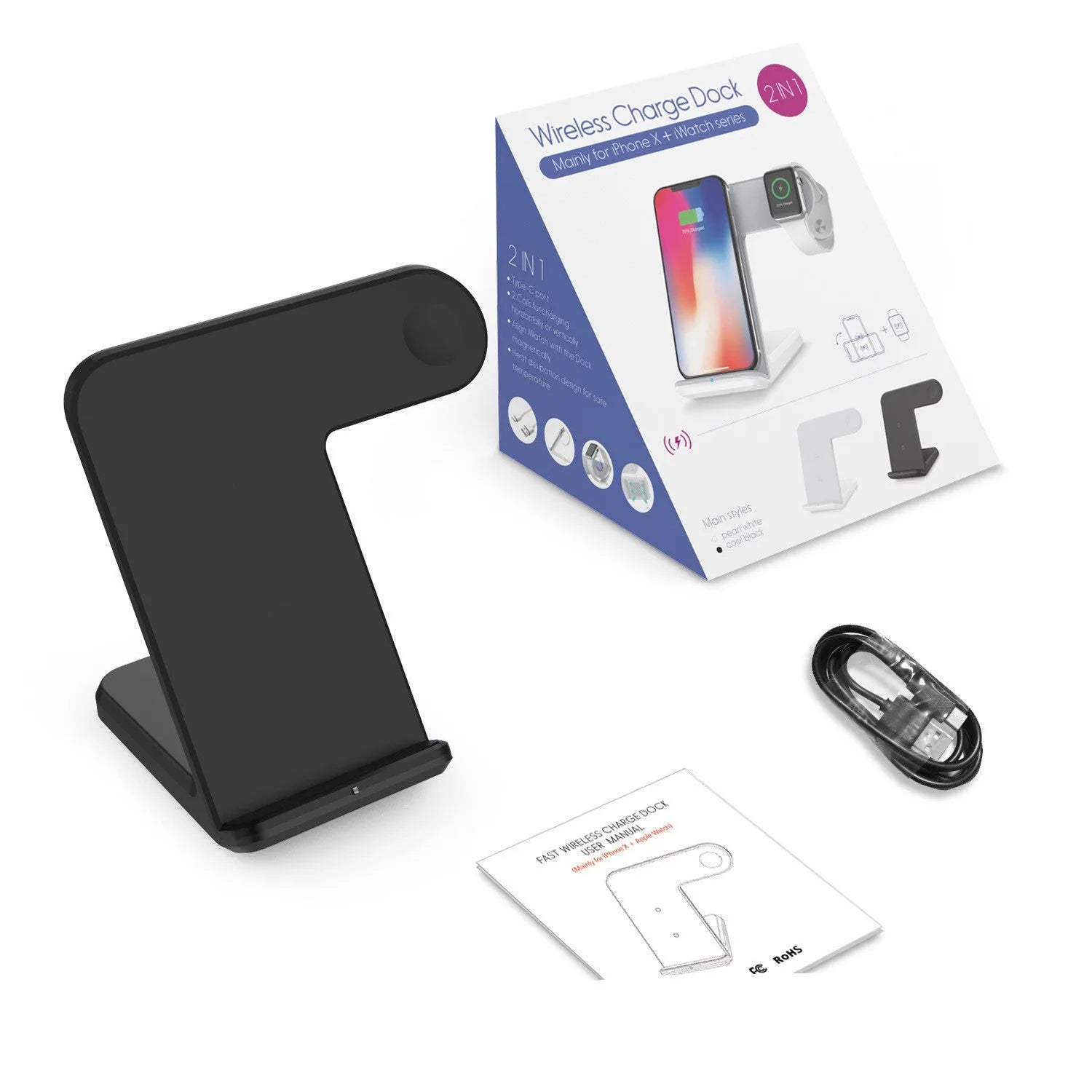Black and white wireless phone charger with Type-C cable showing compact dimensions