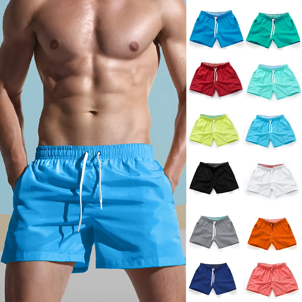 Men's straight-leg beach shorts in polyester, shown in a selection of available colours.