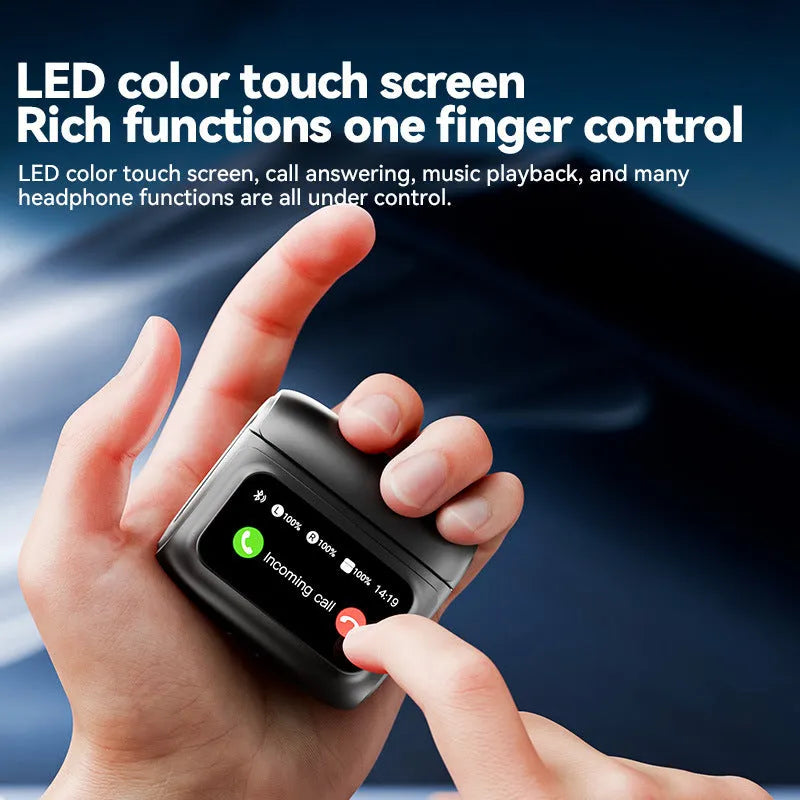 E20PRO touch screen Bluetooth headset with active noise reduction in black, digital display showing battery level