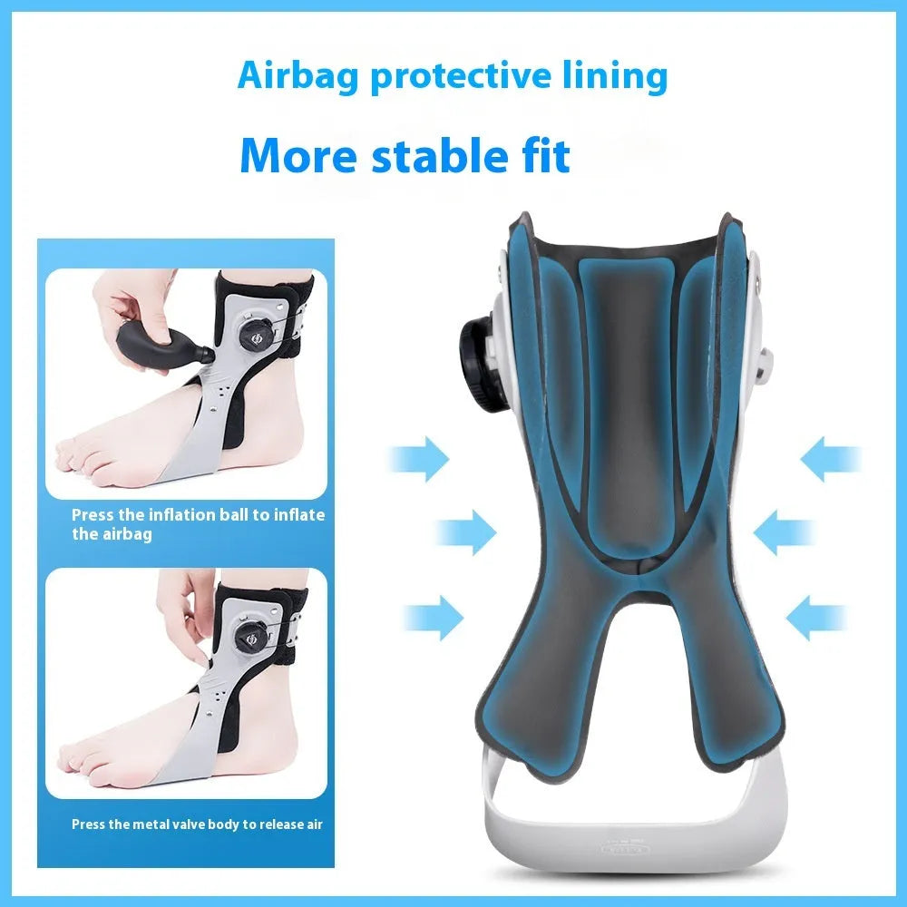Grey and black airbag button ankle support brace for left or right foot, showing adjustable straps.