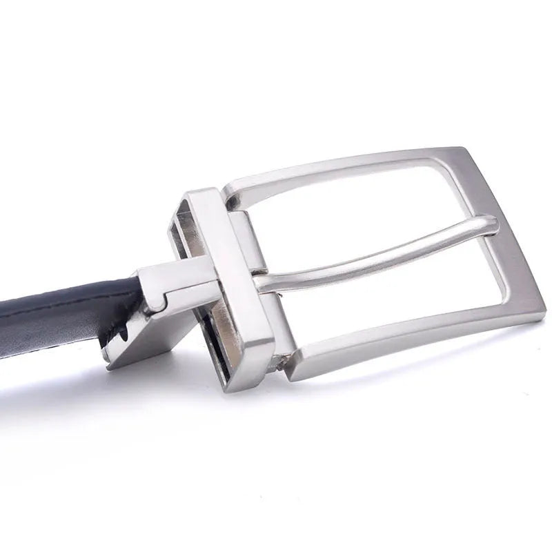 Men's dark brown genuine leather belt with a silver rotating pin buckle laid flat.