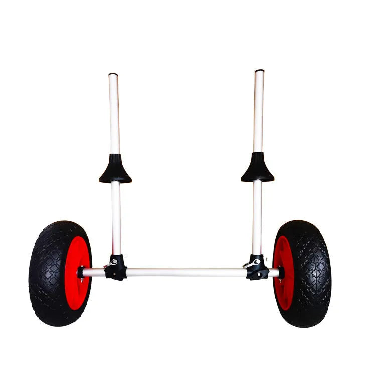 Foldable aluminium kayak beach trailer with upright pole platform for transporting open kayaks