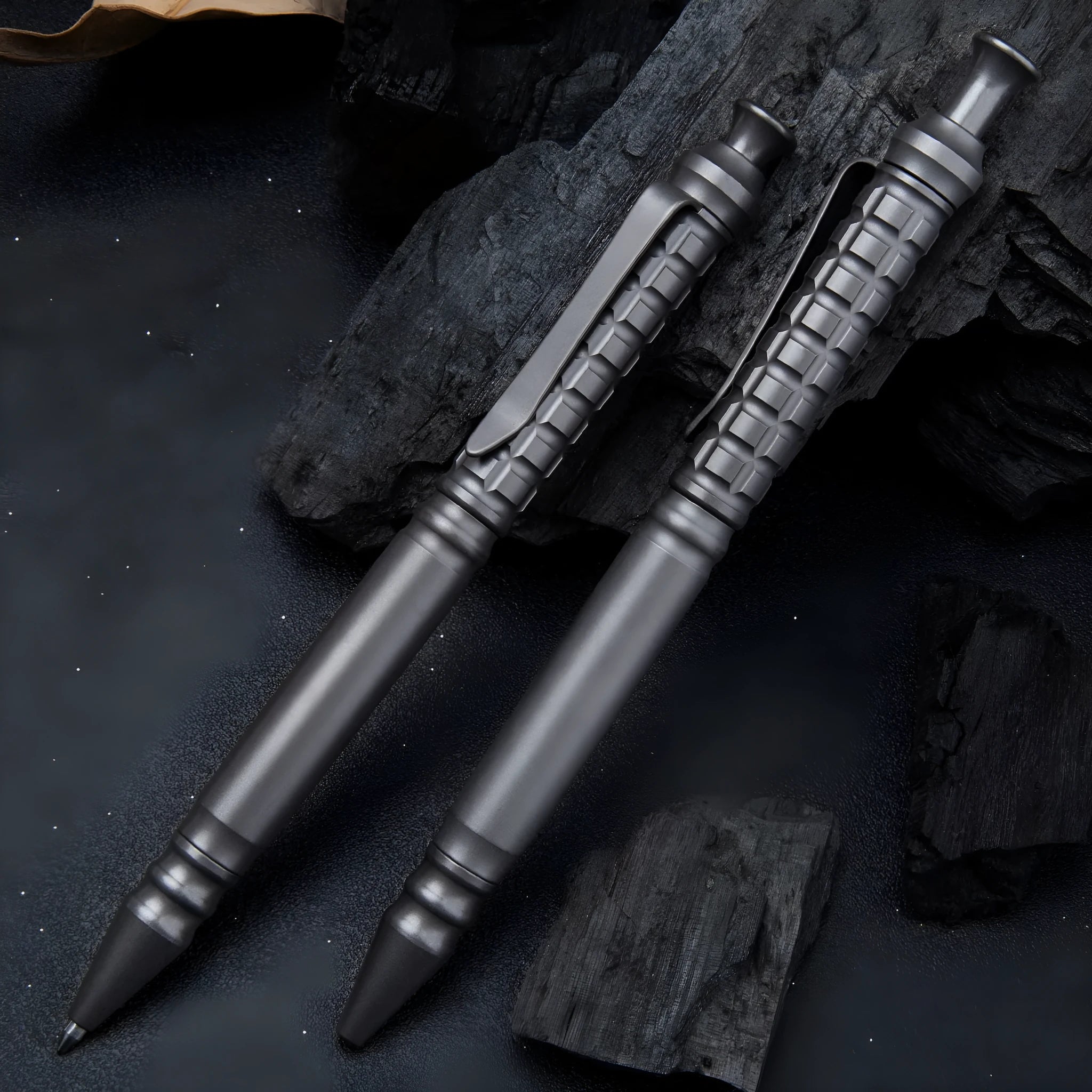 Titanium alloy tactical pen with push-action mechanism in gunmetal grey and 0.5mm nib