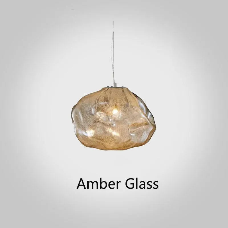 Postmodern light luxury glass chandelier in clear, amber, or smoke grey, showing 200mm and 300mm size options.