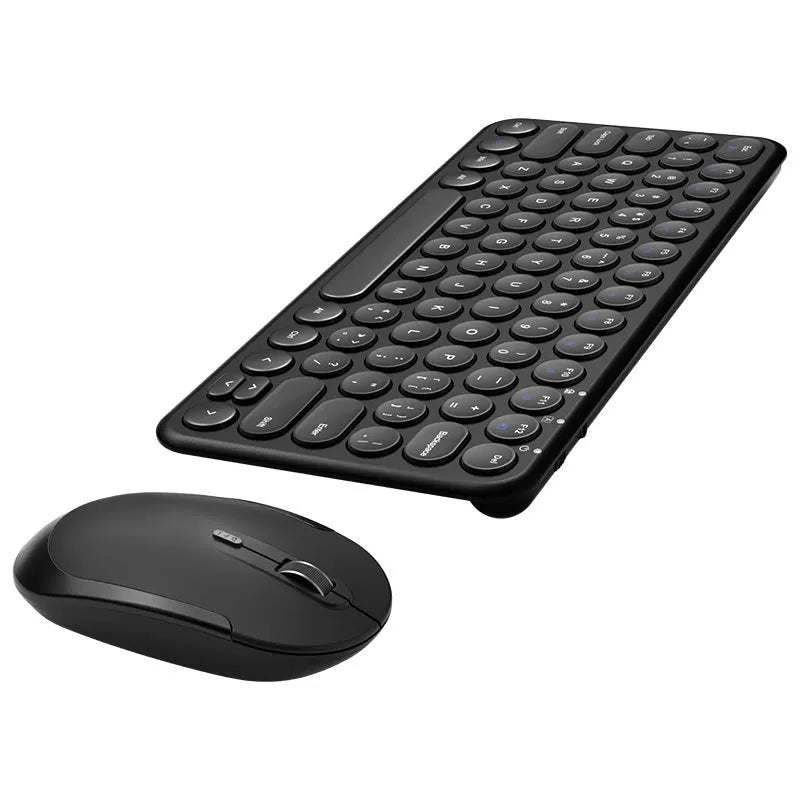 Ultra-thin white wireless keyboard and mouse set with USB receiver on a wooden desk.