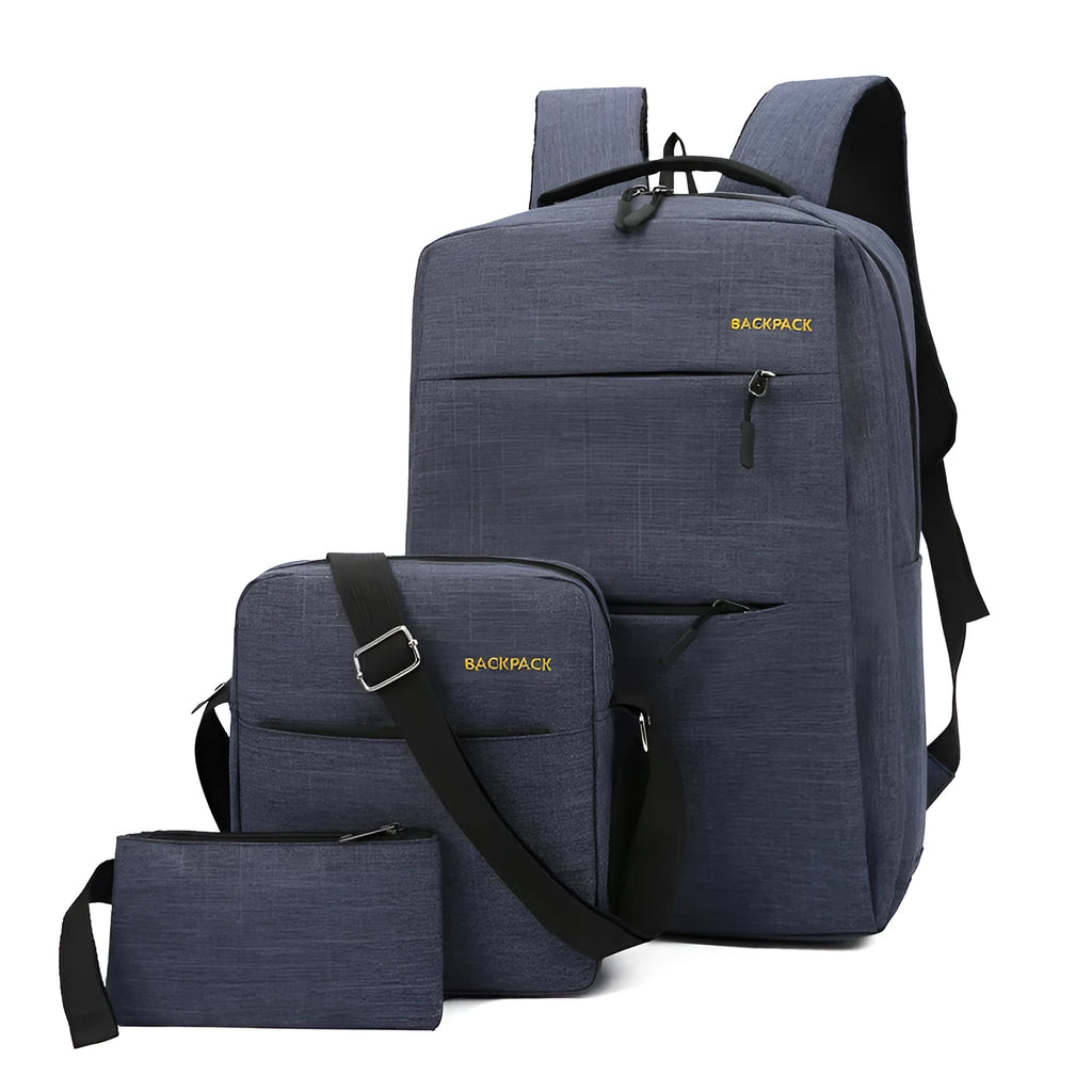 Men's USB charging laptop backpack three-piece set in black, grey, navy blue, and wine red colours.
