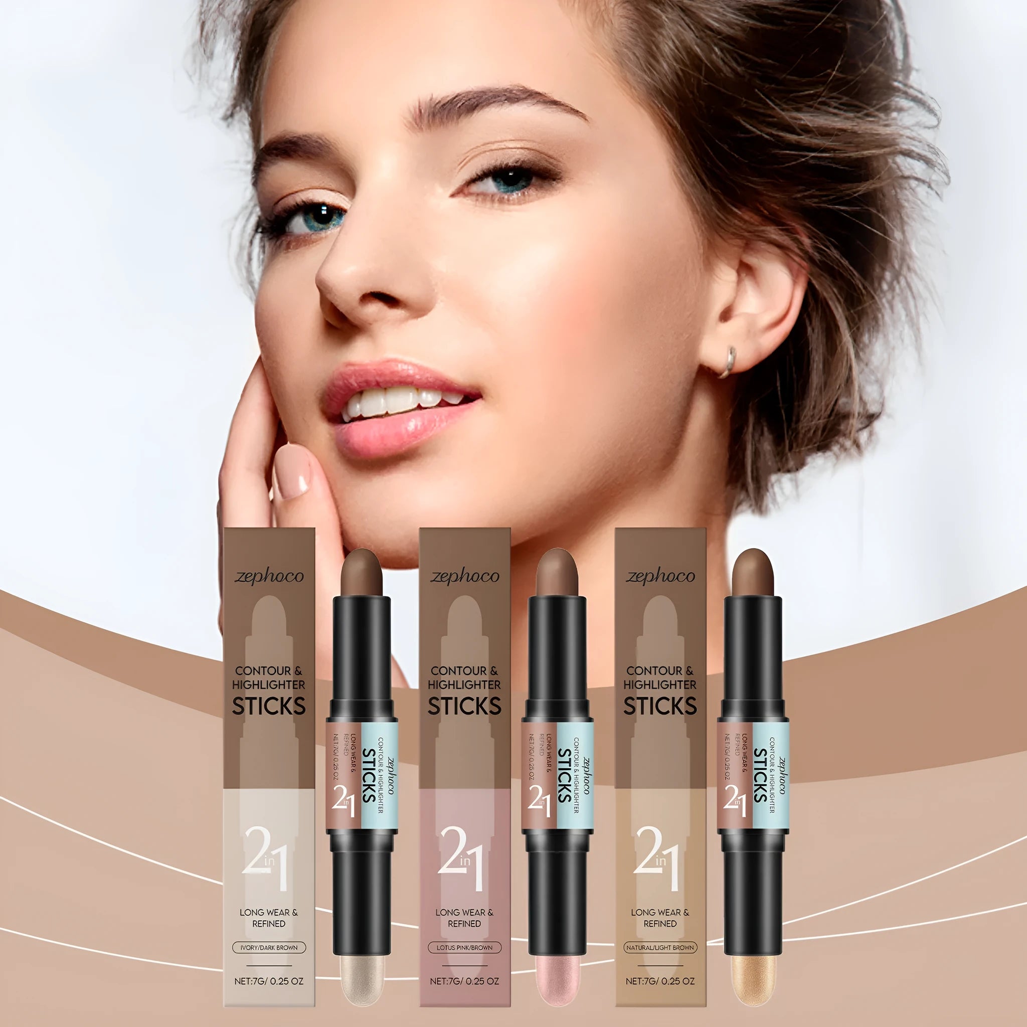 2-in-1 outline highlighter and highlight repair pen for eyebrows, shown in three brown shades.
