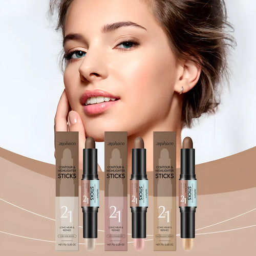2-in-1 outline highlighter and highlight repair pen for eyebrows, shown in three brown shades.