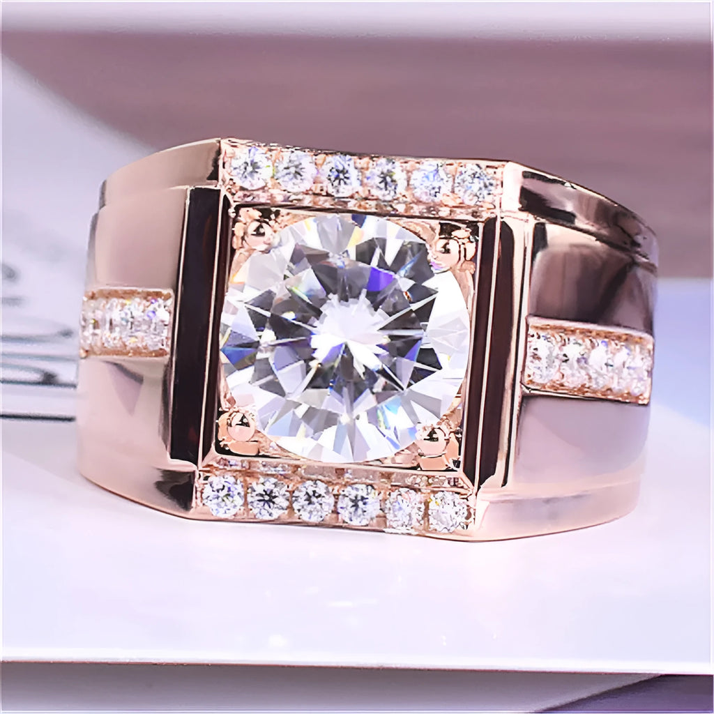 Men's adjustable imitation moissanite ring in electroplated copper with geometric diamond design