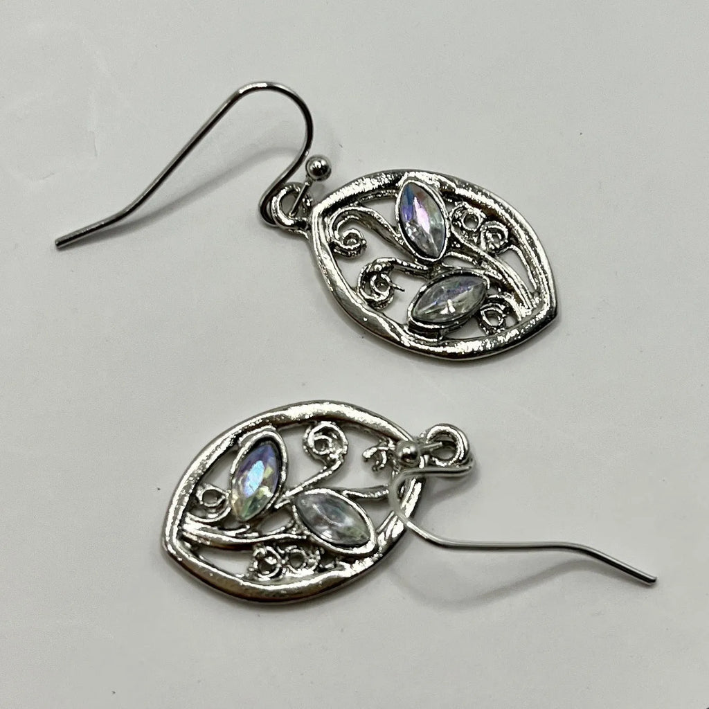 Women's silver alloy earrings with leaf design and embedded colourful moonstone gemstones