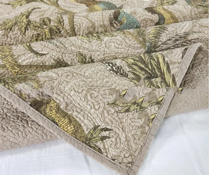 Blue American floral and bird pattern cotton bedspread quilt set with three pieces