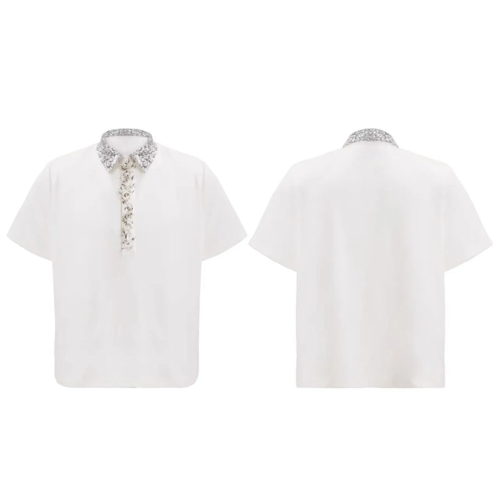 Men's black loose fit polo shirt with square collar and short sleeves decorated with embroidery sequins.