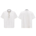 Men's black loose fit polo shirt with square collar and short sleeves decorated with embroidery sequins.