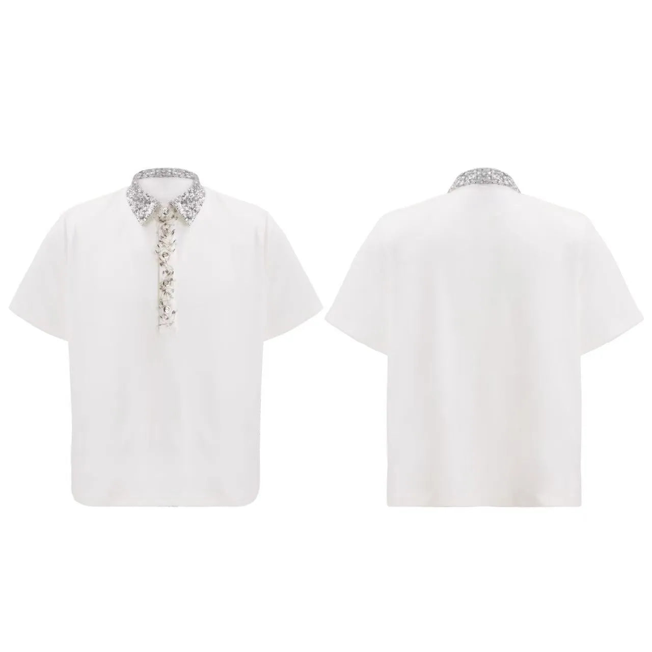 Men's black loose fit polo shirt with square collar and short sleeves decorated with embroidery sequins.