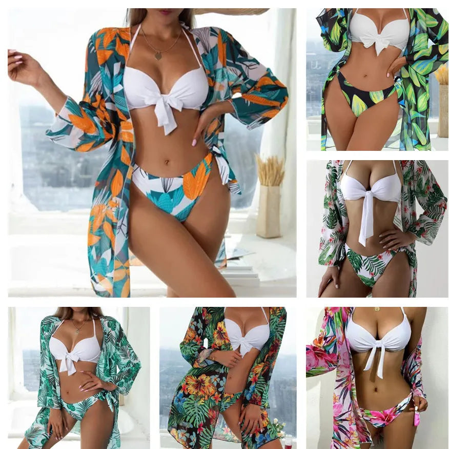 Women's three-piece mesh bikini swimsuit set with lace-up top and high-waisted shorts