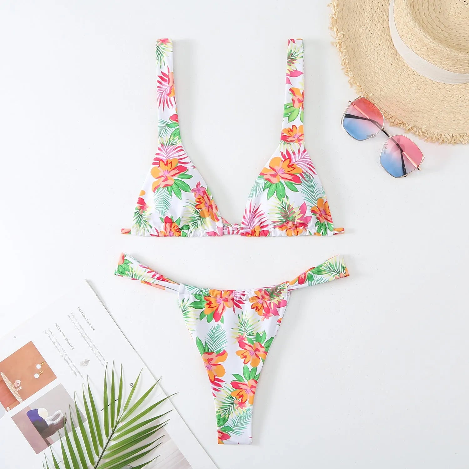 Women's floral print bikini swimsuit in blue, rose red, sky blue or white.