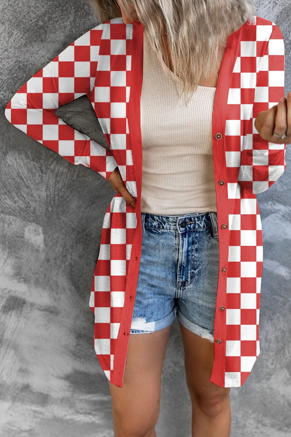 Women's long grey plaid loose fit cardigan coat with regular sleeves for street fashion.