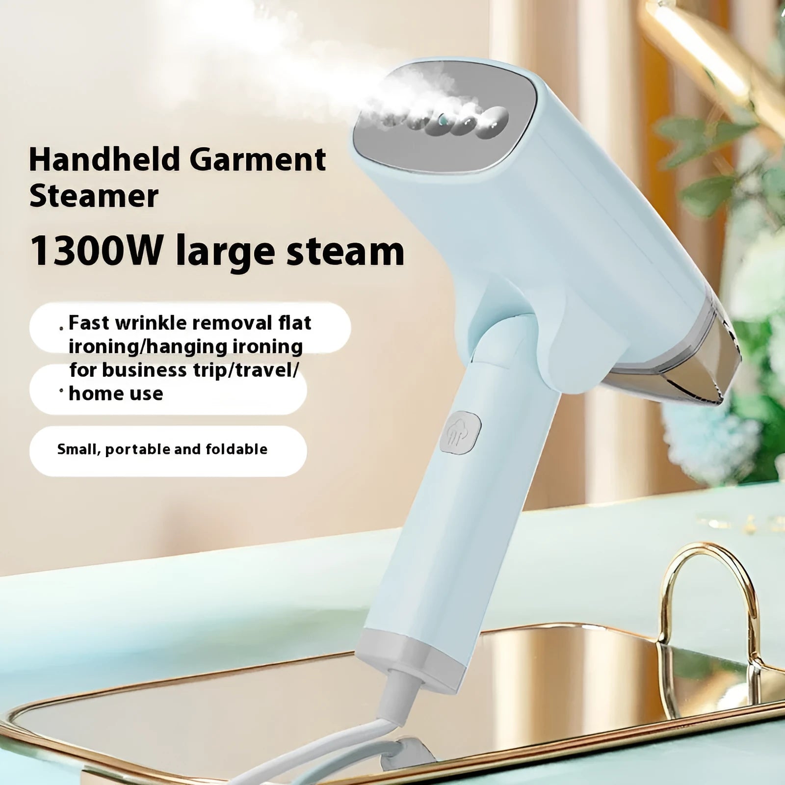 Blue and white handheld garment steamer with 1300W power and two temperature settings