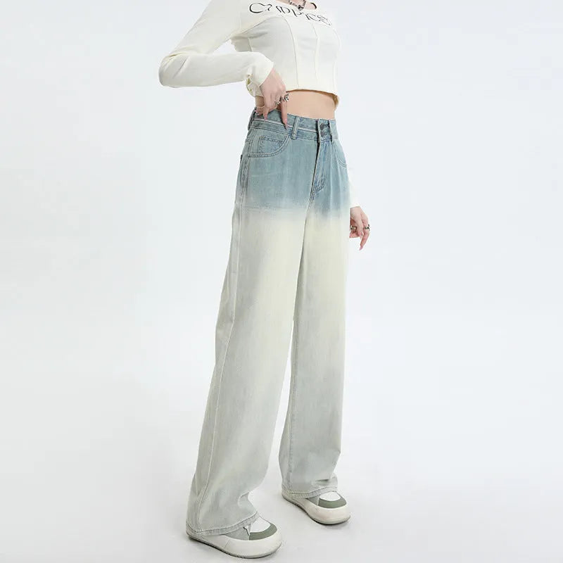 Women's gradient blue straight-leg denim trousers with wide leg cut in cotton blend fabric