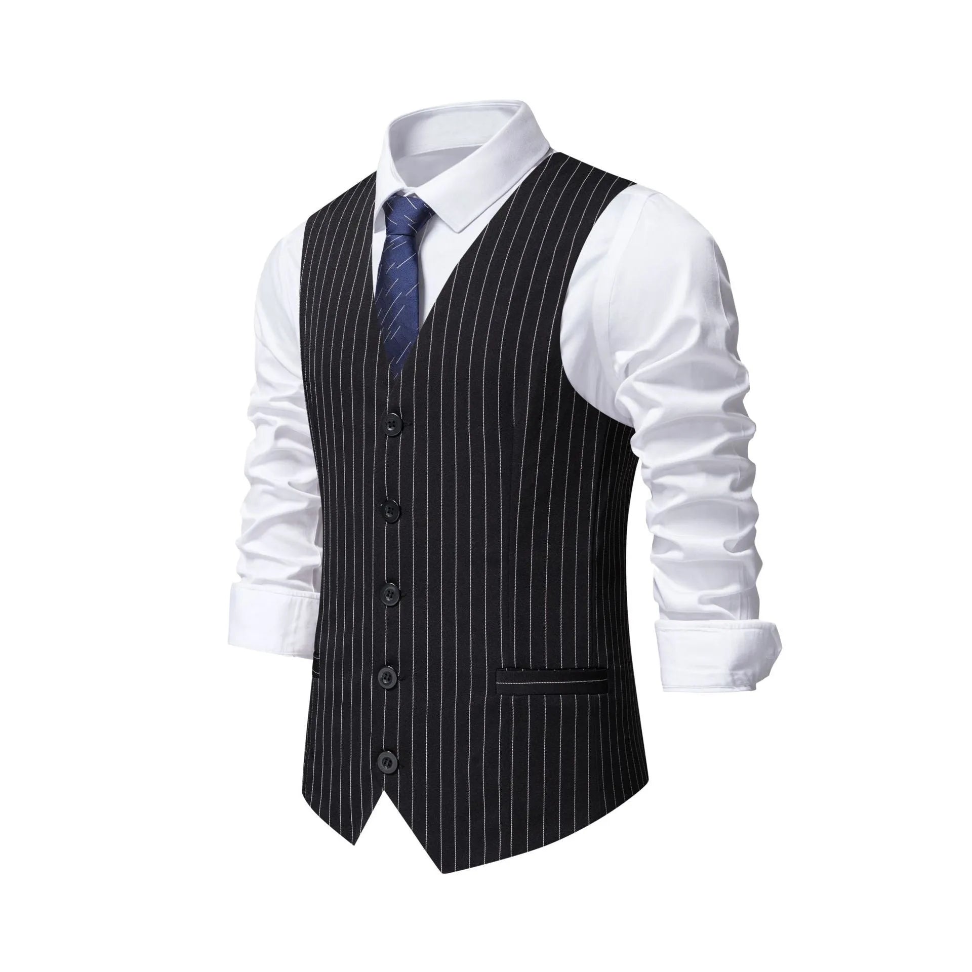 Men's striped formal suit vest with a non-iron finish on a hanger