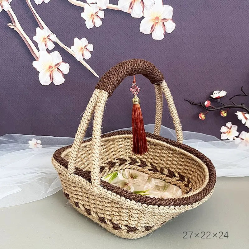 Hand-woven straw basket with hemp rope detailing in rustic style