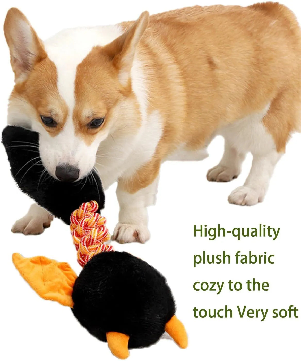 Large black, green, or red plush dog toy with a cartoon shape, featuring a built-in rope knot.
