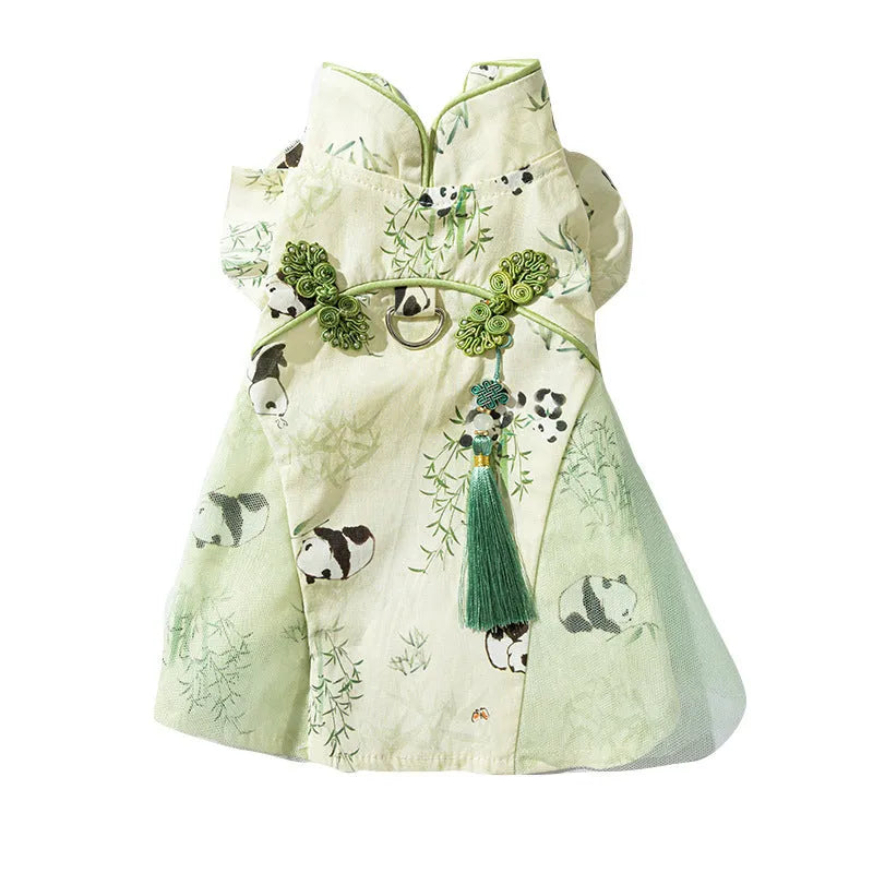 Chinese style panda bamboo leaf woven fabric cat skirt for hairless cats in national style tassel dress option