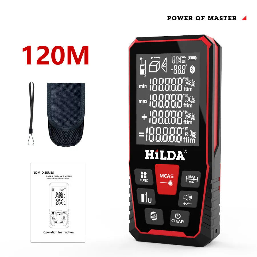 A handheld plastic laser rangefinder for measuring distances up to 120 metres, shown on a table.