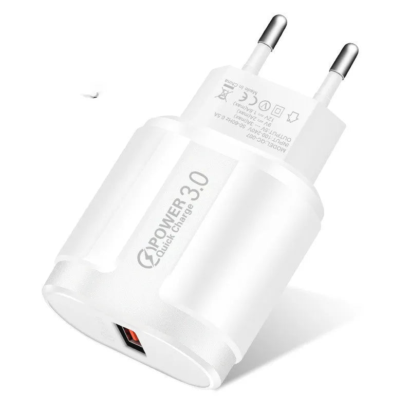 White and black mobile phone smart charger showing compact size with international plug adapter options