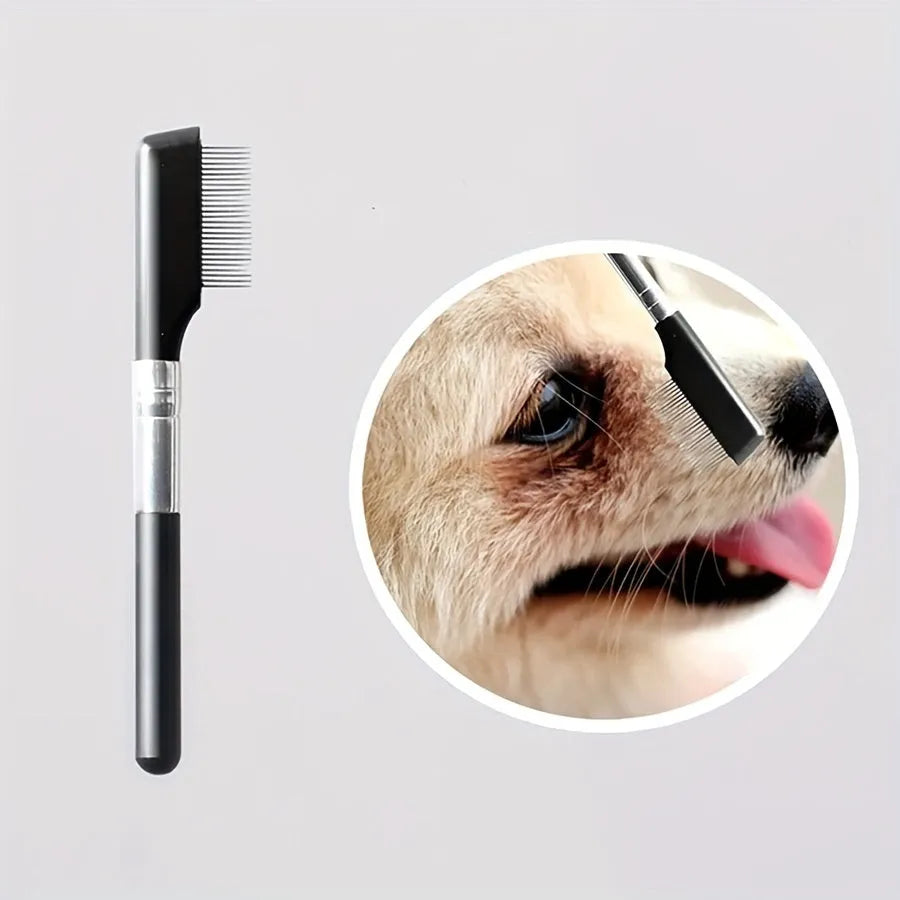 Black ambidextrous pet grooming brush with soft bristles for tear stain removal on dogs and cats