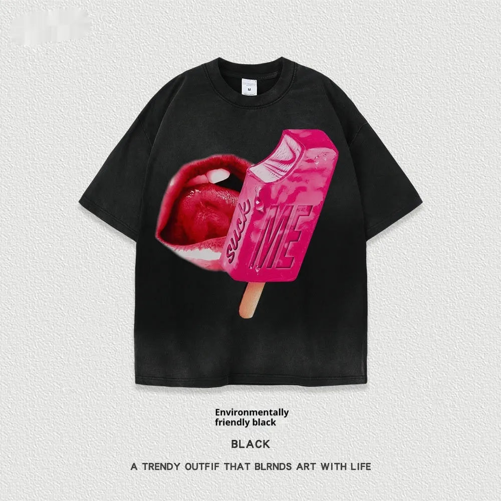 A loose-fit, heavy washed short-sleeved streetwear T-shirt on a hanger.
