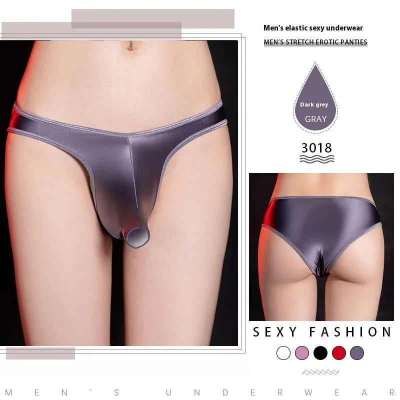 Men's low waist T-back underwear in shiny nylon fabric showing colour options