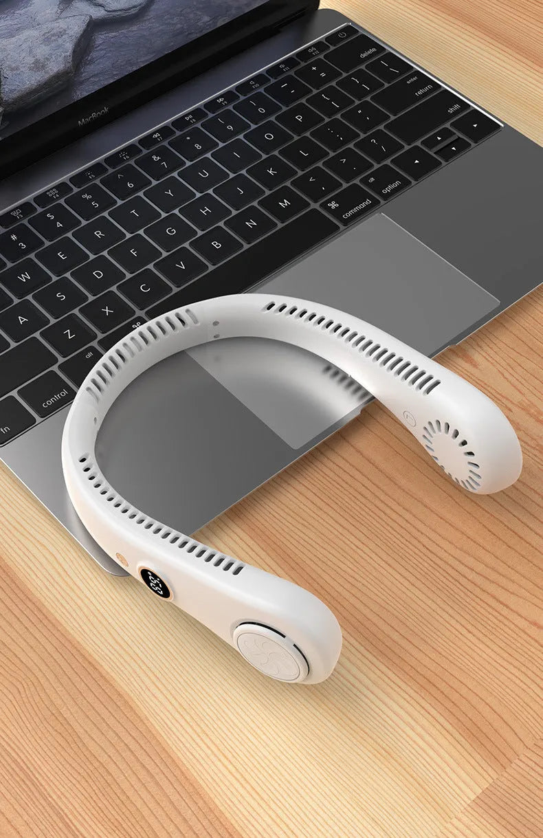 Blue USB rechargeable bladeless neck fan showing ergonomic neckband and air outlets.