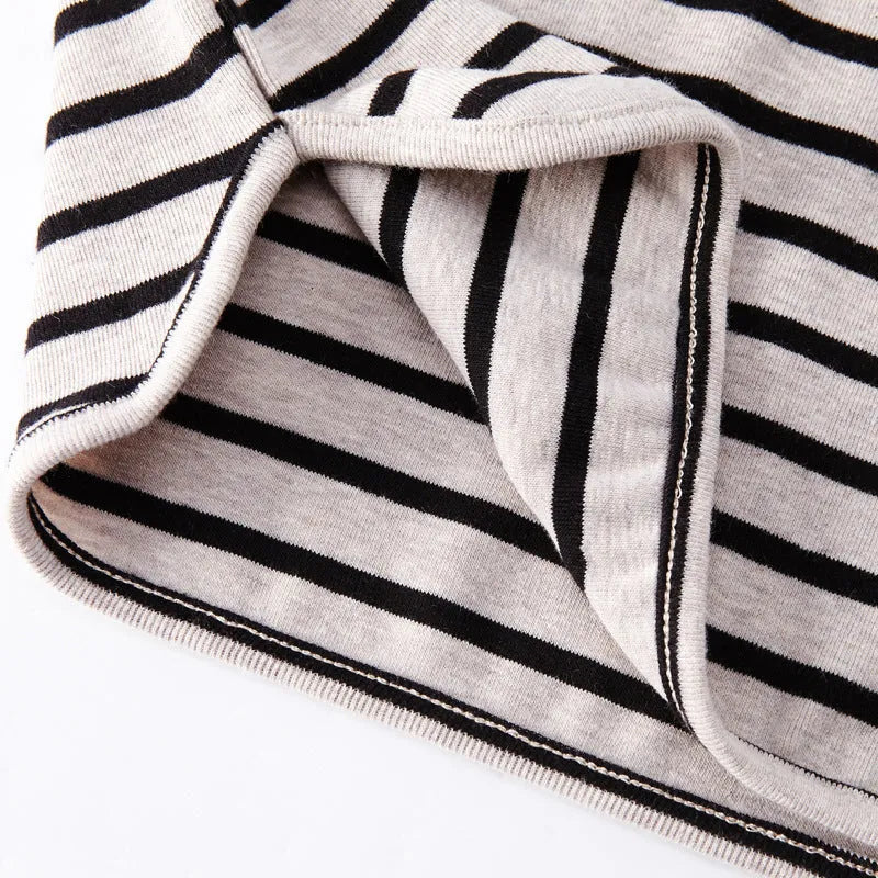 Fashion striped print kids baby girls cotton long sleeve T shirt in black and red on white background