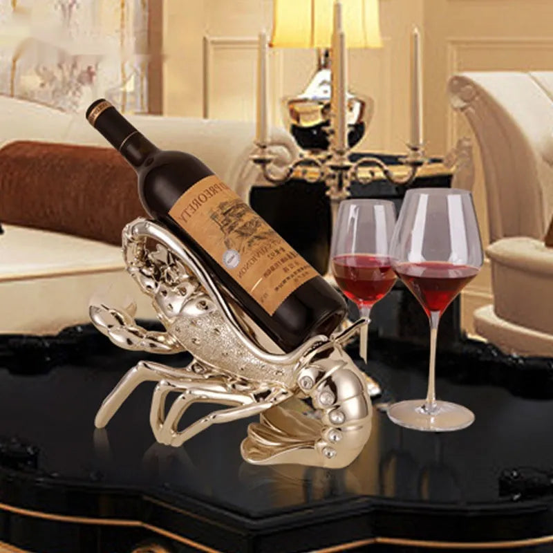 Lobster-shaped wine rack ornament in rose gold or silver metallic finish