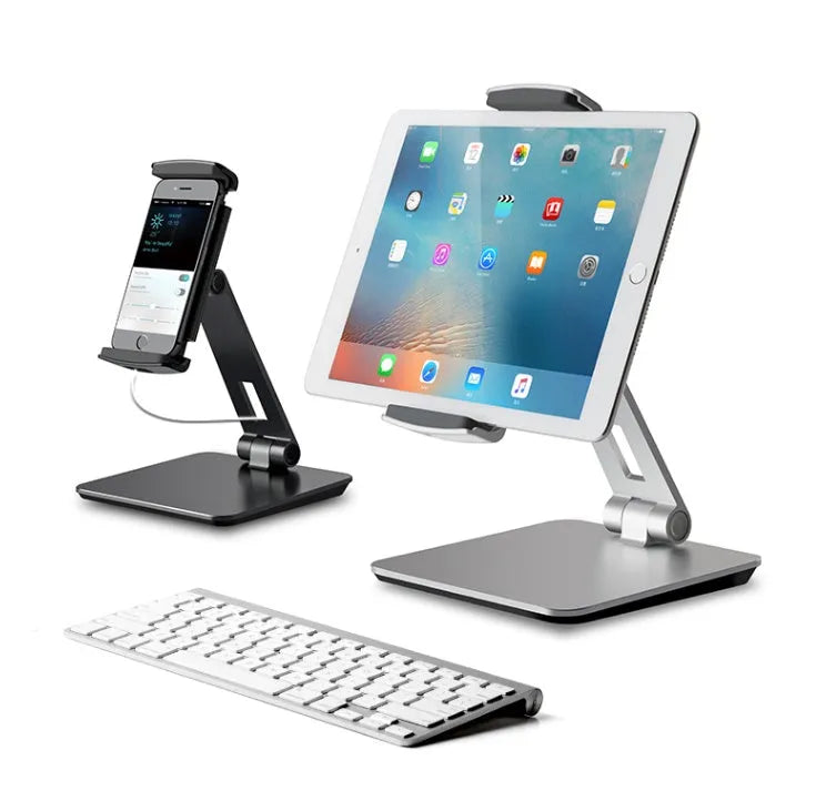 Folding aluminium desktop phone tablet holder with 360-degree rotation in silver colour